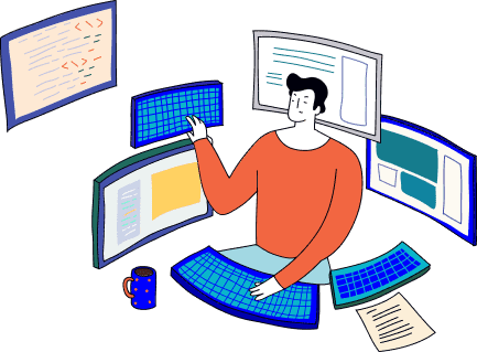 Character surrounded by screens to represent the developer's center